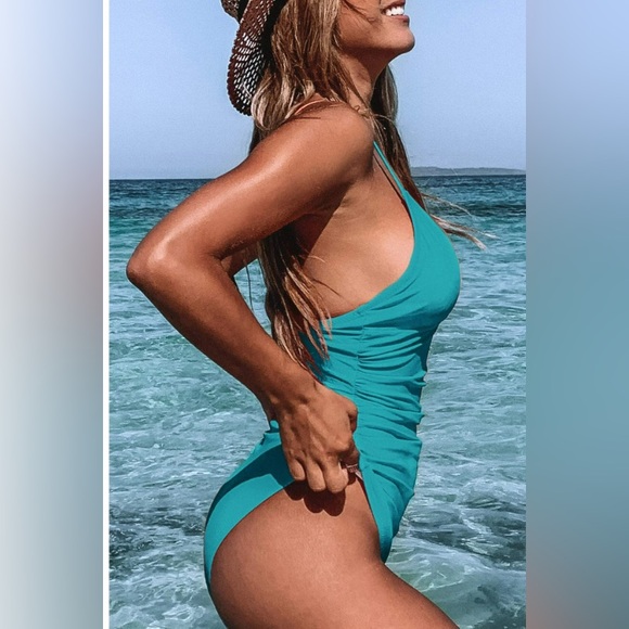 Cupshe Women's Teal Ruched Vacation One Piece Swimsuit Plunging Neckline Size XL - Picture 3 of 7